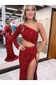 Mermaid One Shoulder Long Sleeves Long Sweep Train Velvet Sequin Evening Dress with High Slit