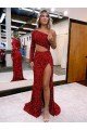 Mermaid One Shoulder Long Sleeves Long Sweep Train Velvet Sequin Evening Dress with High Slit
