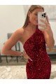 Open Back One Shoulder Sleeveless Long Sweep Train Velvet Sequin Evening Dress