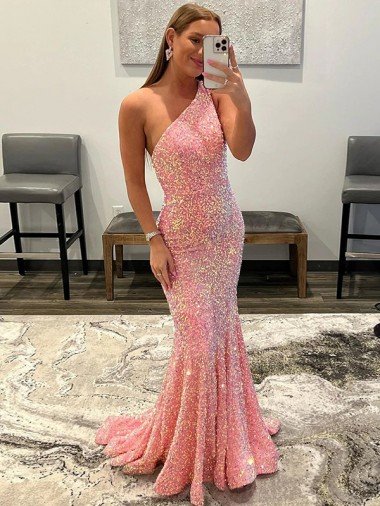 Open Back One Shoulder Sleeveless Long Sweep Train Velvet Sequin Evening Dress UK