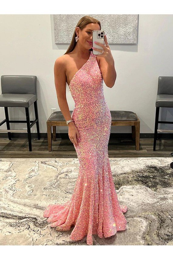 Open Back One Shoulder Sleeveless Long Sweep Train Velvet Sequin Evening Dress
