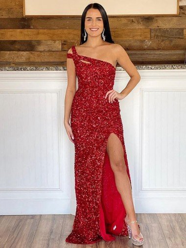 One Shoulder Sleeveless Long Sweep Train Velvet Sequin Evening Dress UK
