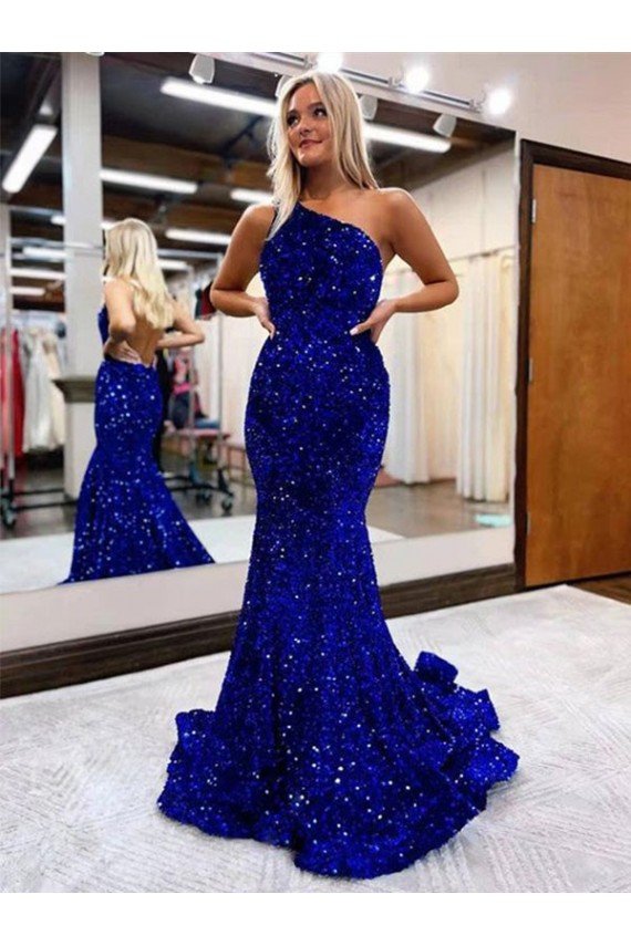 Mermaid One Shoulder Open Back Long Sweep Train Velvet Sequin Evening Dress