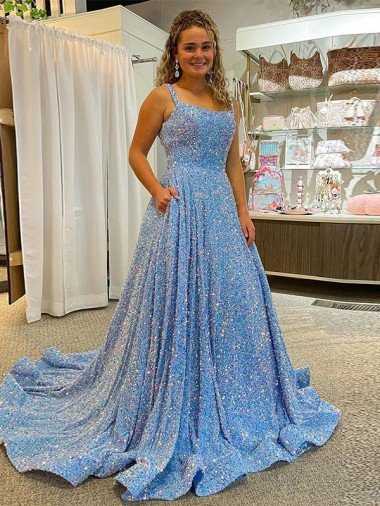 A-Line Scoop Sleeveless Long Court Train Velvet Sequin Evening Dress UK