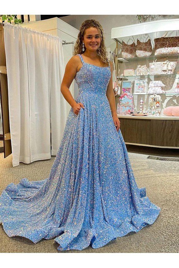 A-Line Scoop Sleeveless Long Court Train Velvet Sequin Evening Dress