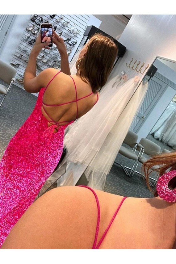 Spaghetti Straps Sleeveless Long Velvet Sequin Evening Dress with Slit and Criss Cross Open Back
