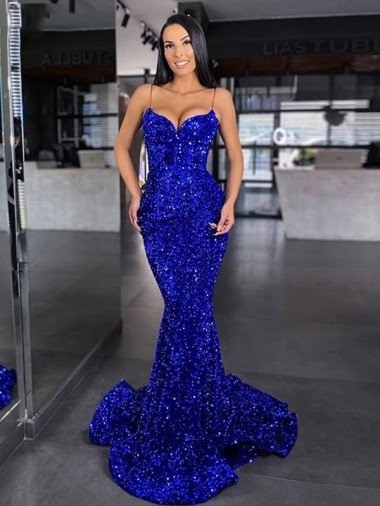 Mermaid Spaghetti Straps Sleeveless Long Sweep Train Velvet Sequin Evening Dress UK