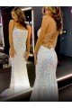 Long Spaghetti Straps Sleeveless Sweep Train Velvet Sequin Evening Dress