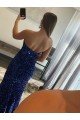 Strapless Sleeveless Long Sweep Train Velvet Sequin Evening Dress with Side Slit