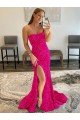 Strapless Sleeveless Long Sweep Train Velvet Sequin Evening Dress with Side Slit