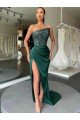 Strapless Sleeveless Long Sweep Train Velvet Sequin Evening Dress with High Side Slit