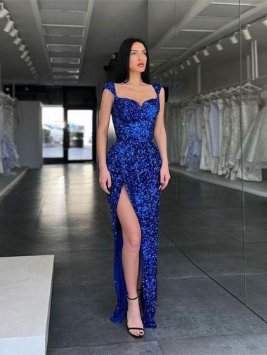 Sleeveless Long Sweep Train Velvet Sequin Evening Dress with High Slit and Straps UK