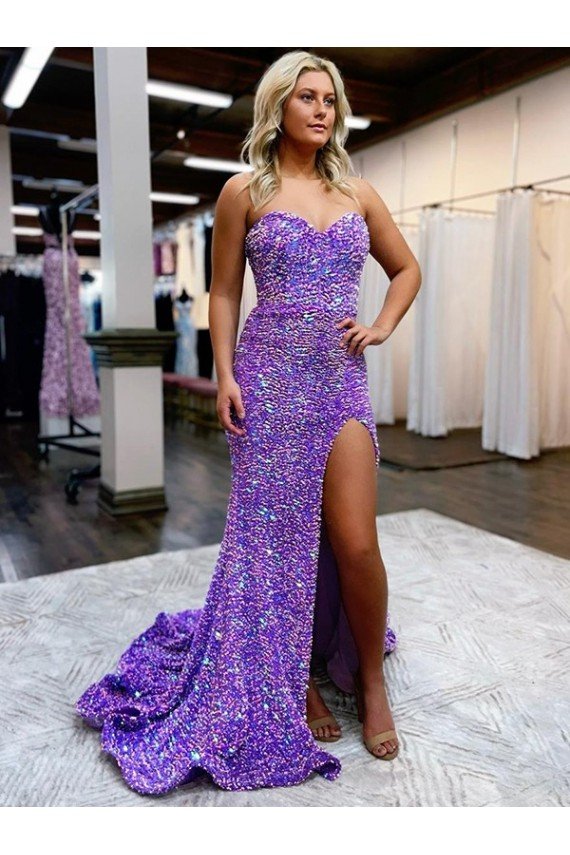 A-Line Sweetheart Sleeveless Long Velvet Sequin Evening Dress with Slit
