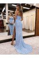 Sweetheart Sleeveless Long Full Length Velvet Sequin Evening Dress with High Side Slit