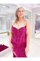 Long Sweetheart Sleeveless Sweep Train Velvet Sequin Evening Dress with Slit