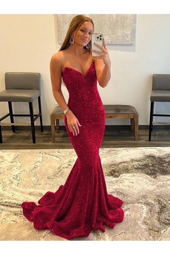 Sweetheart Sleeveless Long Sweep Train Velvet Sequin Evening Dress