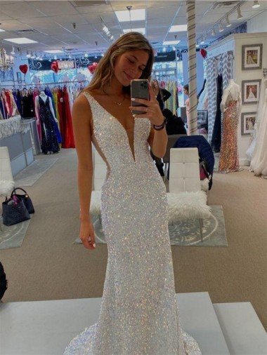 V-Neck Sleeveless Long Velvet Sequin Evening Dress with Sweep Train UK