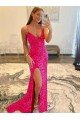 Velvet Sequin Long V-Neck Sleeveless Sweep Train Evening Dress with Slit