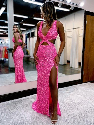 Long V-Neck Sleeveless Sweep Train Velvet Sequin Evening Dress with High Slit UK