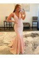Deep V-Neck Sleeveless Long Low Back Velvet Sequin Evening Dress