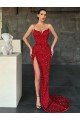 V-Neck Sleeveless Long Sweep Train Velvet Sequin Evening Dress with High Side Slit