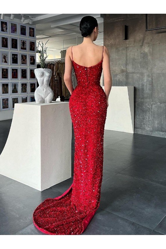 V-Neck Sleeveless Long Sweep Train Velvet Sequin Evening Dress with High Side Slit