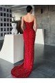 V-Neck Sleeveless Long Sweep Train Velvet Sequin Evening Dress with High Side Slit