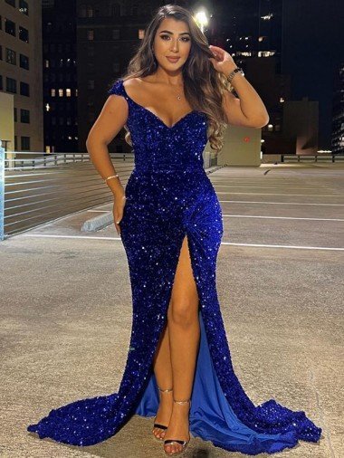 V-Neck Sleeveless Long Sweep Train Velvet Sequin Evening Dress with Slit UK