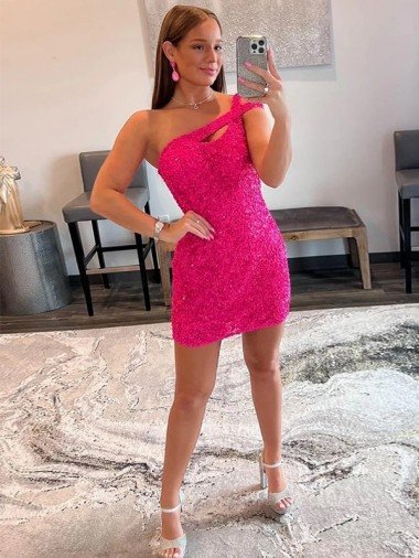Velvet Sequin One Shoulder Sleeveless Short Evening Dress UK