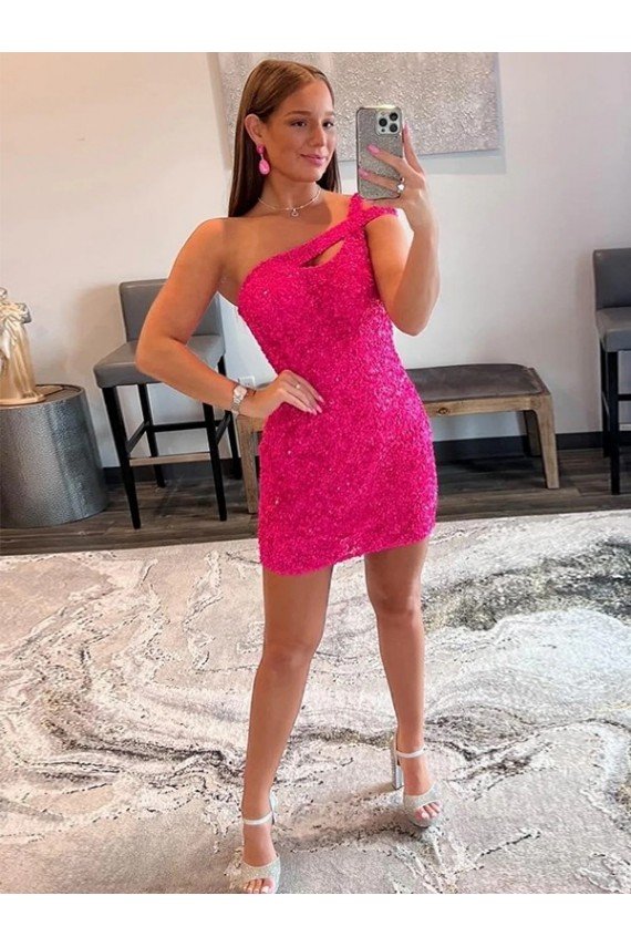 Velvet Sequin One Shoulder Sleeveless Short Evening Dress