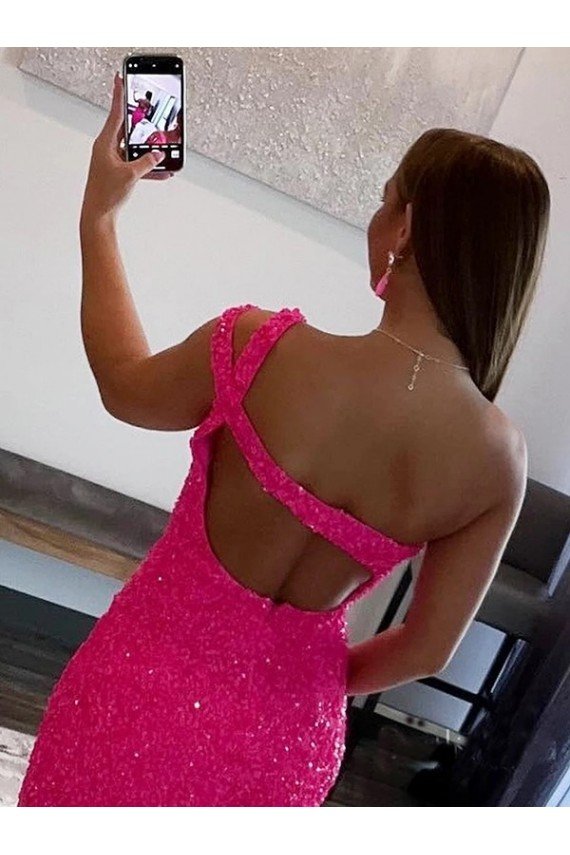 Velvet Sequin One Shoulder Sleeveless Short Evening Dress