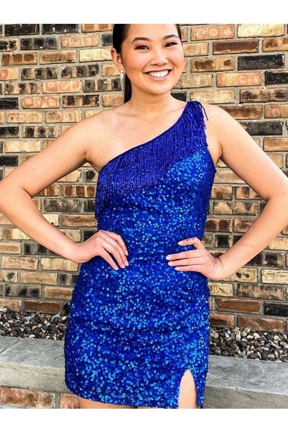 One Shoulder Sleeveless Short Velvet Sequin Royal Blue Evening Dress