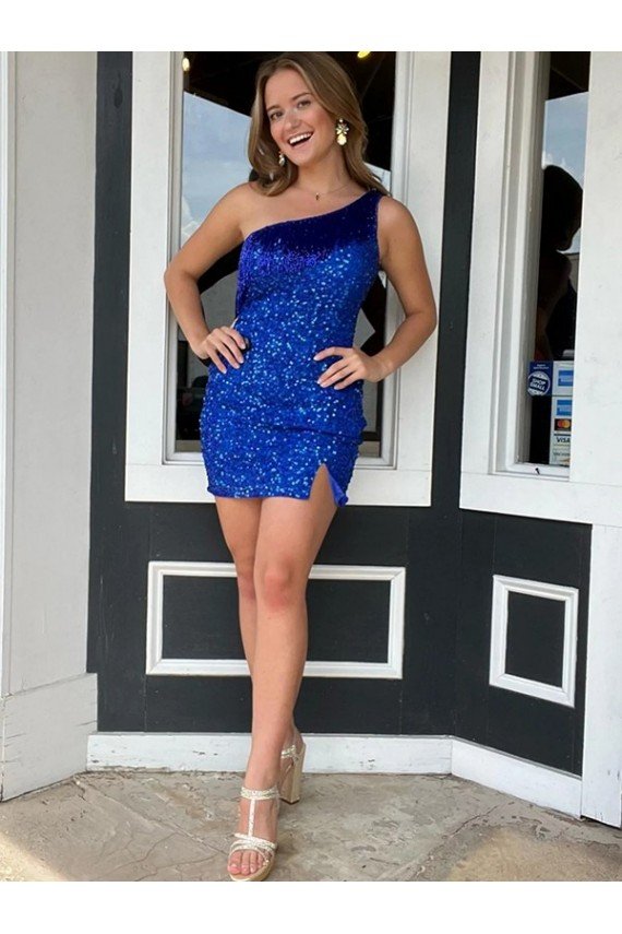 One Shoulder Sleeveless Short Velvet Sequin Royal Blue Evening Dress