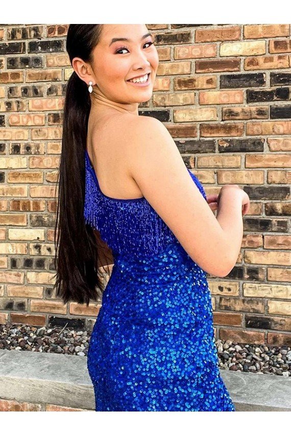 One Shoulder Sleeveless Short Velvet Sequin Royal Blue Evening Dress