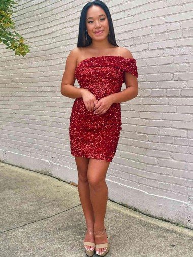 Short One Shoulder Sleeveless Velvet Sequin Cocktail Evening Dress UK