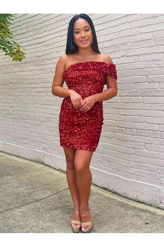 Short One Shoulder Sleeveless Velvet Sequin Cocktail Evening Dress