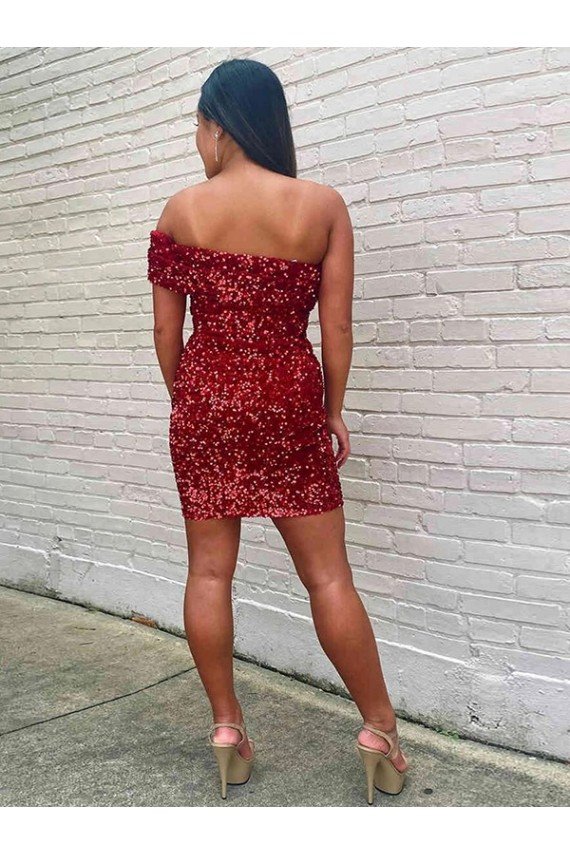 Short One Shoulder Sleeveless Velvet Sequin Cocktail Evening Dress