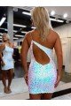 One Shoulder Keyhole Back Sleeveless Short Velvet Sequin Evening Dress