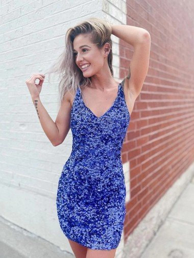 Short Velvet Sequin V-Neck Sleeveless Evening Dress UK
