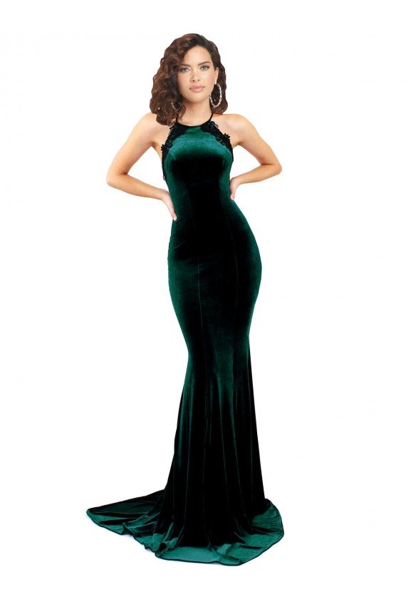 High Neck Stretch Velvet Evening Dress with Black Lace Embroidery