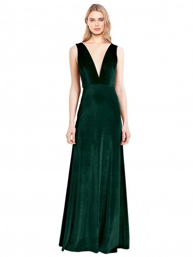 Daring Deep V-Neck Long Full Length Velvet Evening Dress UK