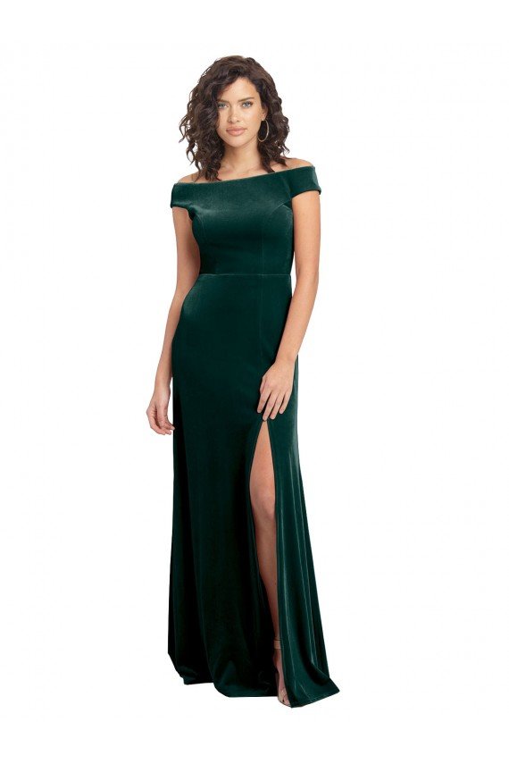 Floor Length Cap Sleeves Long Velvet Evening Dress with High Side Slit