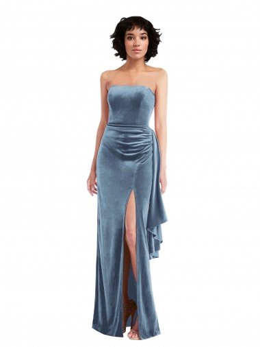 Strapless Velvet Evening Maxi Dress with Draped Skirt UK