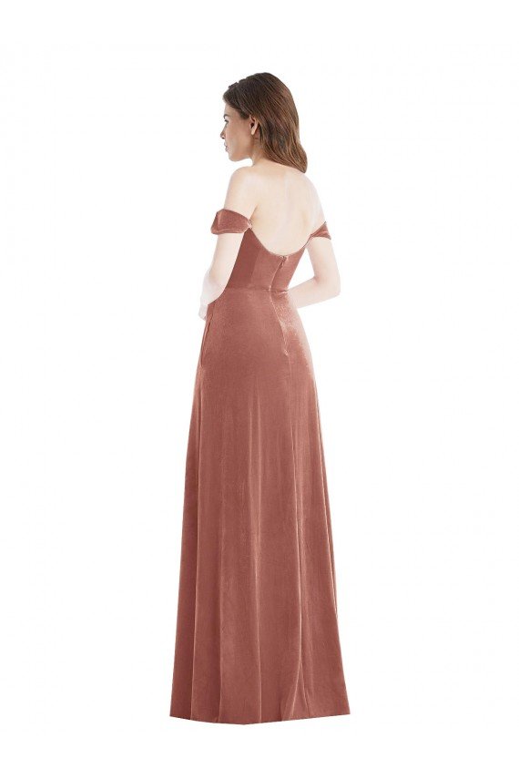 Off the Shoulder Flounce Sleeve Velvet Evening Maxi Dress