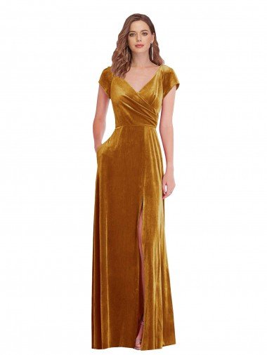 Cap Sleeve Faux Wrap Velvet Evening Maxi Dress with Pockets UK