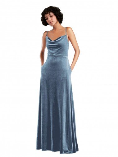 Sleek Cowl Neck Velvet Evening Maxi Dress with Pockets UK