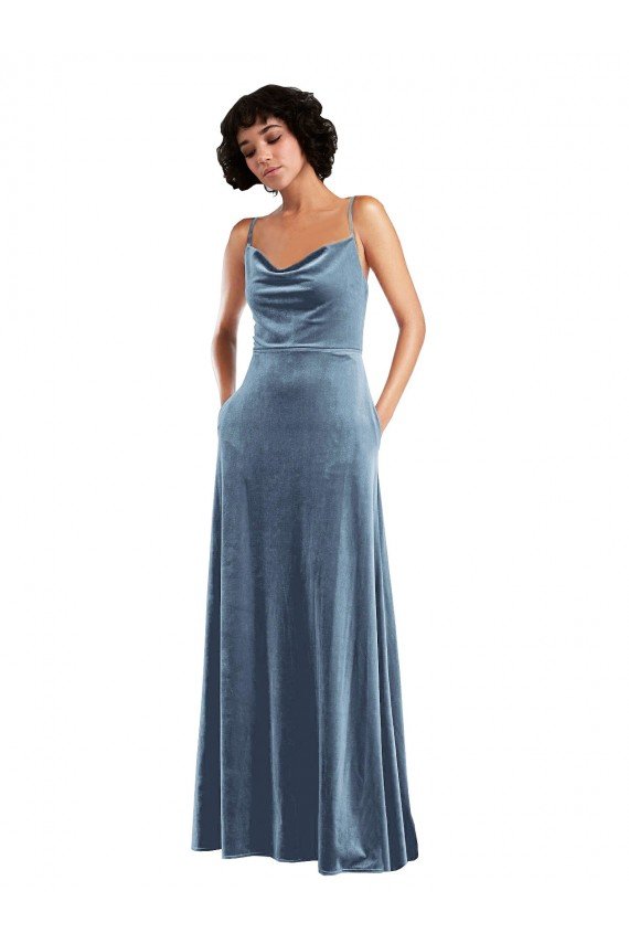Sleek Cowl Neck Velvet Evening Maxi Dress with Pockets