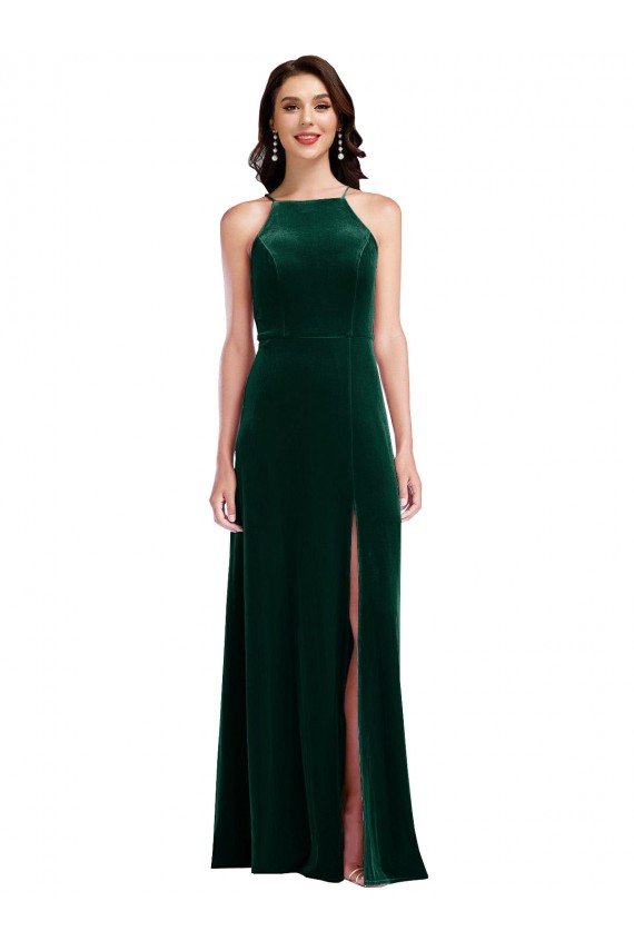Velvet Halter Evening Maxi Dress with Front Slit
