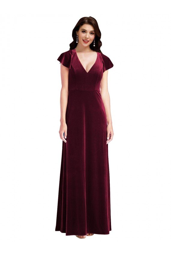 Flutter Sleeve Velvet Evening Maxi Dress with Pockets