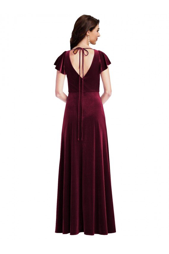 Flutter Sleeve Velvet Evening Maxi Dress with Pockets